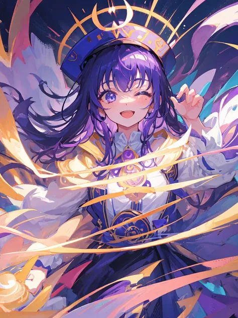 Wizard、One girl、Tongari hat、Purple Hair、long hair、magic circle、Big Eyes、Smile with your mouth closed、Highest品質, High definition, Ultra-fine, Highest_detailed