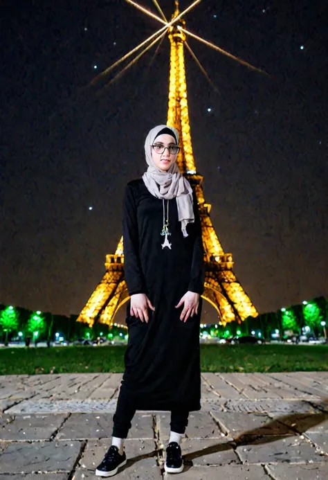 Slim fit weak Very Pale skin black eyebrows kurdish glasses teen in hijab standing front Eiffel tower at night full body 