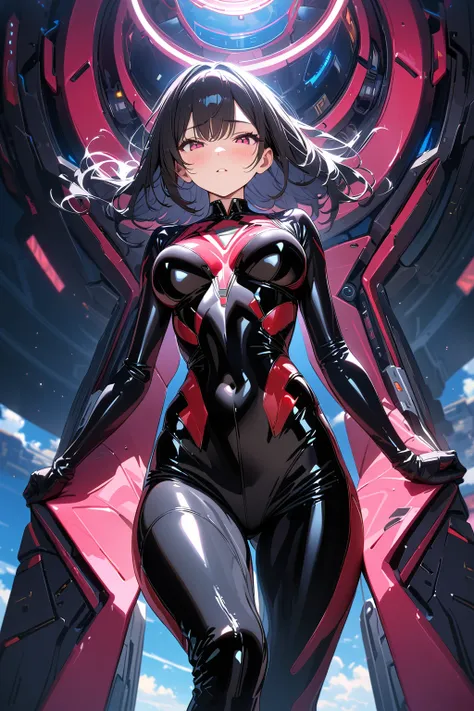 (masterpiece, best quality:1.5), (ultra detailed, high resolution, 8k, beautiful detailed, UHD, best anatomy), 1 cute girl, black hair, medium breasts, full bodysuit, latex, shiny clothes, Steamy space