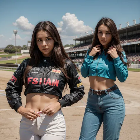 1girl in, 30 years old, Square face, Long hair, Looking at viewer, jewelry, Realistic, Sexy, racing outfit, colorful outfit, F1 racetrack background, freestyle pose