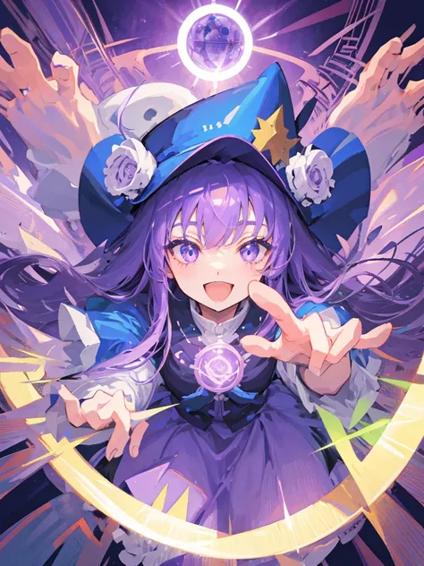 Wizard、One girl、Tongari hat、Purple Hair、long hair、magic circle、Big Eyes、Smile with your mouth closed、Highest品質, High definition, Ultra-fine, Highest_detailed