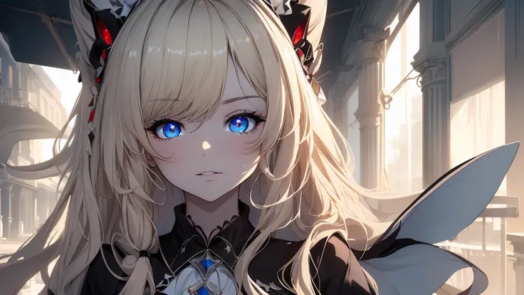 ((((Obra maestra, La mejor calidad, ultrahigh resolution)))), 1girl, standing, (cute maid costume), ((long pure blonde hair, hair over eye)), long hair cut, pale skin, ((red eyes)), glowing_eyes, neon eyes, (ultra detailed eyes:0.7, beautiful and detailed ...