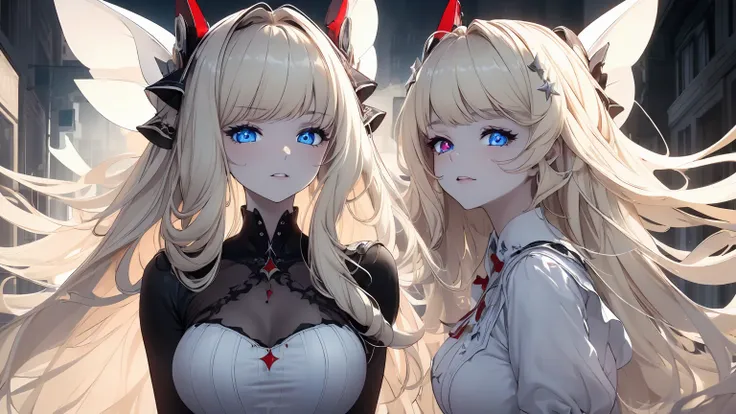 ((((Obra maestra, La mejor calidad, ultrahigh resolution)))), 1girl, standing, (cute maid costume), ((long pure blonde hair, hair over eye)), long hair cut, pale skin, ((red eyes)), glowing_eyes, neon eyes, (ultra detailed eyes:0.7, beautiful and detailed ...