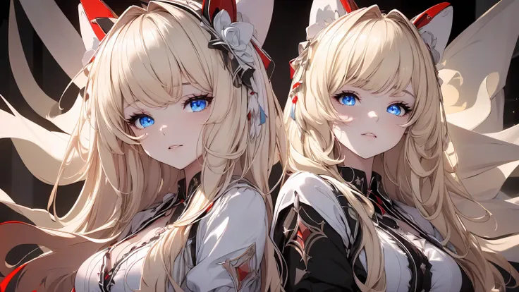 ((((Obra maestra, La mejor calidad, ultrahigh resolution)))), 1girl, standing, (cute maid costume), ((long pure blonde hair, hair over eye)), long hair cut, pale skin, ((red eyes)), glowing_eyes, neon eyes, (ultra detailed eyes:0.7, beautiful and detailed ...