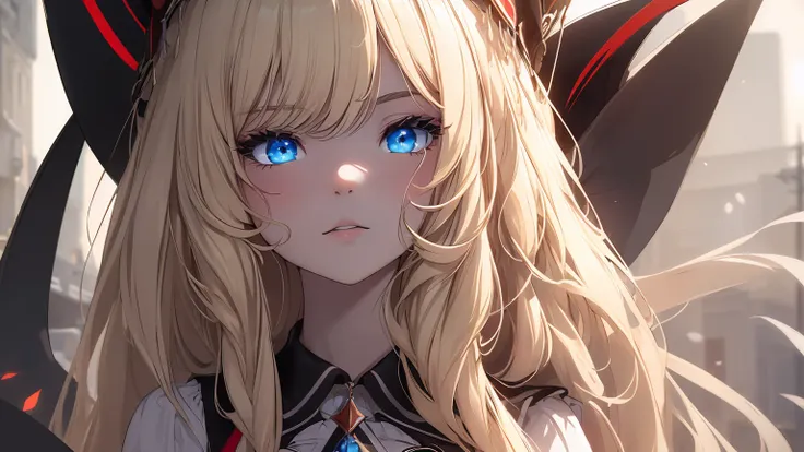 ((((Obra maestra, La mejor calidad, ultrahigh resolution)))), 1girl, standing, (cute maid costume), ((long pure blonde hair, hair over eye)), long hair cut, pale skin, ((red eyes)), glowing_eyes, neon eyes, (ultra detailed eyes:0.7, beautiful and detailed ...