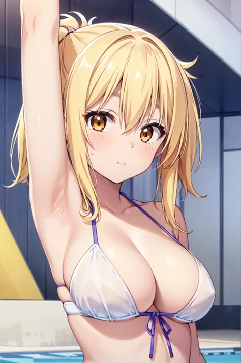 (((pixel-perfect, detail-perfect))), solo, 1girl, miyashita ai, normal face, eyes yellow, hair blonde, pool, bikini, armpit, large extreme filesize, ultra High Qality