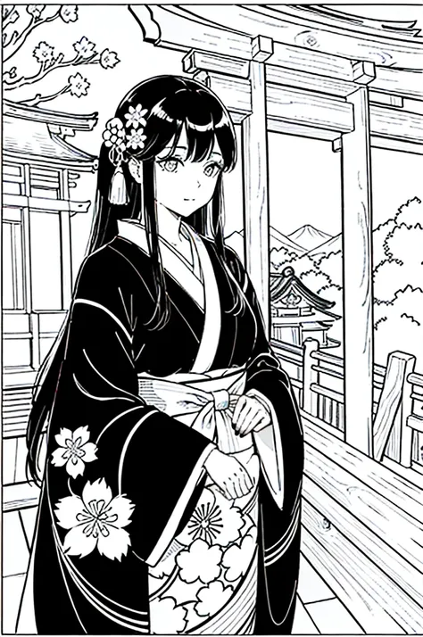 As a coloring book, the color should be black and white, the border should be simple, clear, and bold. [Girl with long black hair] wearing a [kimono with cherry blossom pattern] visiting [Kiyomizu-dera temple] in Kyoto, Japan, with [sakura hair ornaments]