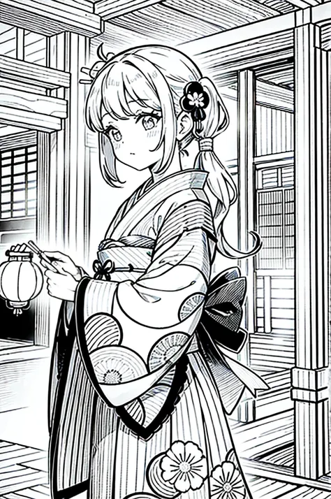 As a coloring book, the color should be black and white, the border should be simple, clear, and bold. [Girl with pigtails] wearing a [kimono with waves pattern] holding a [paper lantern] at the [Gion Matsuri festival] in Kyoto, Japan, with [sakura hair cl...