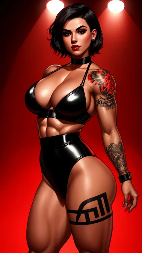 a butch girl with short hair, muscular figure, tattoos,wearing a red and black pinup style outfit, posing confidently, dramatic lighting, cinematic, highly detailed, photorealistic, 8k, best quality, masterpiece, centerfold