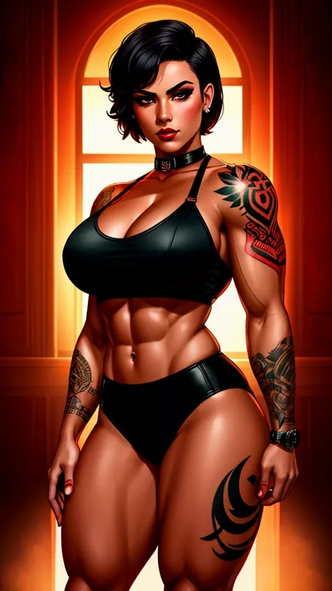 a butch girl with short hair, muscular figure, tattoos,wearing a red and black pinup style outfit, posing confidently, dramatic lighting, cinematic, highly detailed, photorealistic, 8k, best quality, masterpiece, centerfold