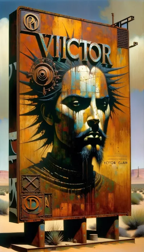 advertising billboard in a desert of rusty metal, some metal letters cover it, ((the text is:"VICTOR OLANO")) (art inspired by Dave Mckean, details intricate, oil painting)
