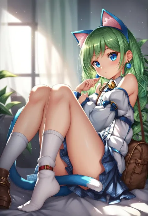 ,One girl,Deltamon_beta, alone, blue eyes, Knee socks, Animal ears, Bare shoulders, Blue Tail, Earrings,Removable sleeves, Green Hair, No sleeve, Cat ear, bag, white Knee socks, Cat&#39;s Tail,pink backpack,Pink school bag, Destroying All Fours, teeth, tee...