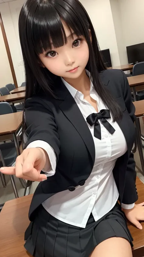 ((high quality)), ((Tabletop)), (Detailed face), (highlight),　Asian Girl、Big breasts、thigh、Black Hair、Heavy bangs、high school girl、skirt、blazer、