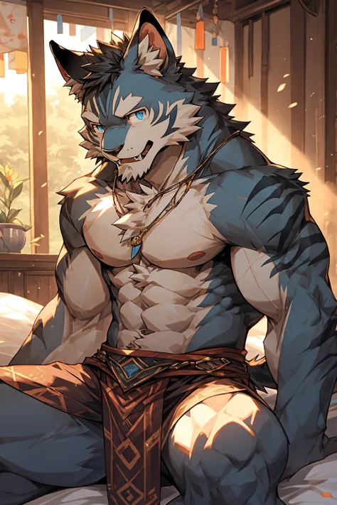 head、Animal cat face、全身蓬松of白毛、沉重of呼吸、Gnashing of teeth,Shy expression，muscular、Topless，（Loincloth，Messy and relaxed，详细of凸起(of:1.2)），Lay your hands on the bed，Kneel on the bed with both knees（Looking down at chest，abdomen，Crotch，thigh（close up））wildcat、blue...