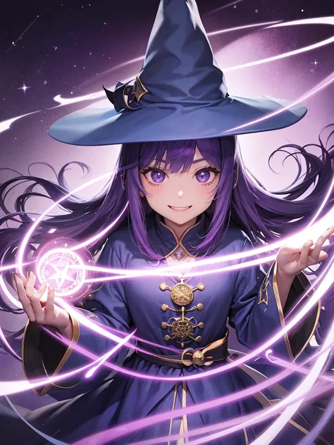 Wizard、One girl、Tongari hat、Purple Hair、long hair、magic circle、Big Eyes、Smile with your mouth closed、Highest quality, High definition, Ultra-fine, Highest_detailed