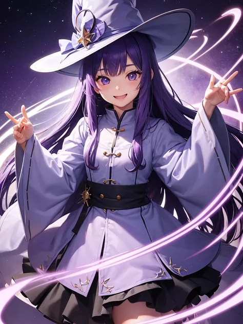 Wizard、One girl、Tongari hat、Purple Hair、long hair、magic circle、Big Eyes、Smile with your mouth closed、Highest quality, High definition, Ultra-fine, Highest_detailed