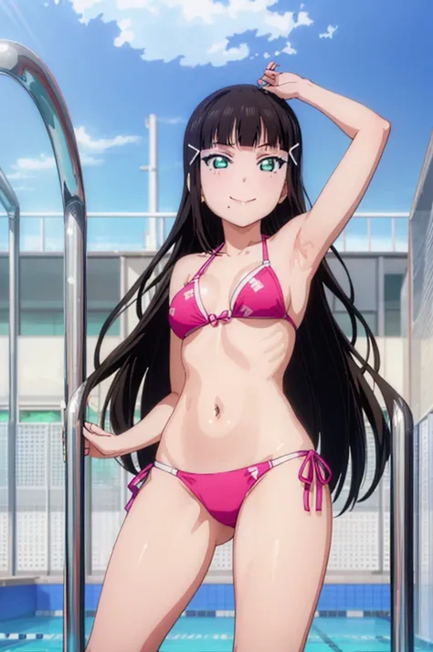 (((pixel-perfect, detail-perfect))), solo, 1girl, dia kurosawa, smile, pool, bikini armpit, medium filesize, ultra High Qality