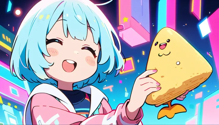 1 female, Light blue hair,　short hair、Happy,cute, animation style, kawaii, clearly, bubblegum pop, cute、Pink and light blue as main colors、eating omelet rice、Anime Style、colorful、Pop、colorful cyberpunk,