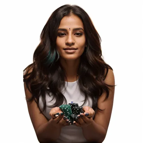 Dravidian woman holding green and blue chips in her hands, casino, online casino logo, poker, Jody Herolle, On black background, Profile photo, gamble, 3 0-year-old female, 30-year-old female, playing poker, Looks cool, Stunning images, Gorgeous Stella Mae...