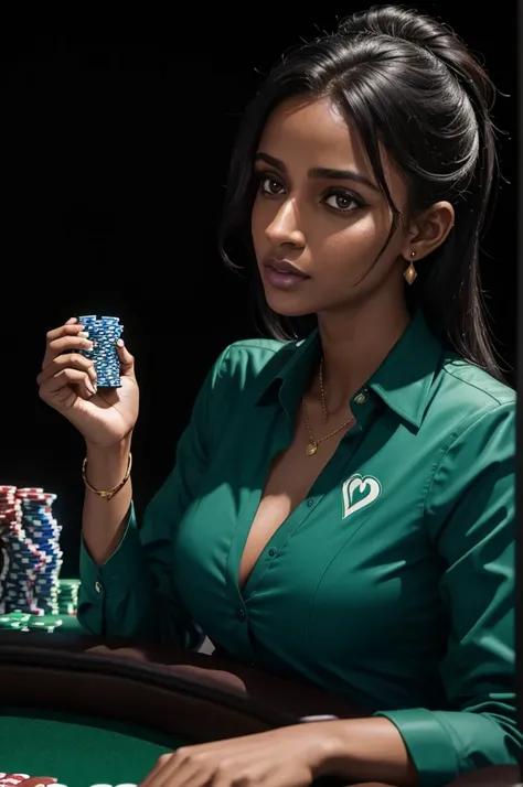 Dravidian woman holding green and blue chips in her hands, casino, online casino logo, poker, Jody Herolle, On black background, Profile photo, gamble, 3 0-year-old female, 30-year-old female, playing poker, Looks cool, Stunning images, Gorgeous Stella Mae...