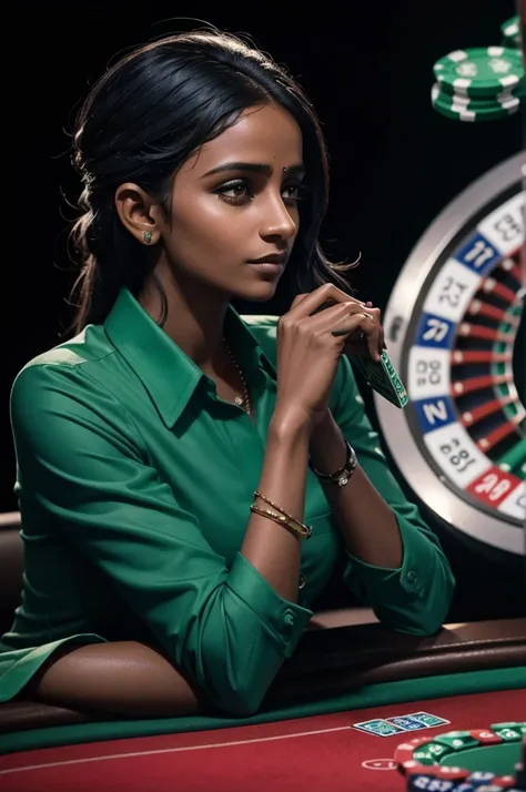 Dravidian woman holding green and blue chips in her hands, casino, online casino logo, poker, Jody Herolle, On black background, Profile photo, gamble, 3 0-year-old female, 30-year-old female, playing poker, Looks cool, Stunning images, Gorgeous Stella Mae...