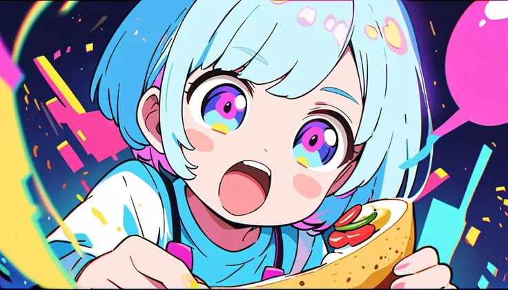 1 female, Light blue hair,　short hair、Happy,cute, animation style, kawaii, clearly, bubblegum pop, cute、Pink and light blue as main colors、Omelette rice、Anime Style、colorful、Pop、colorful cyberpunk, cooking、