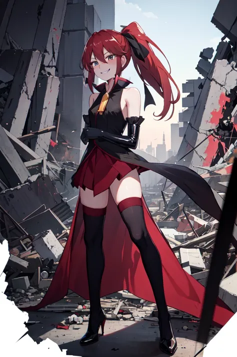 Highest quality, masterpiece, One Girl,Not beautiful, Red Ponytail, Long dress, brooch, Hair Ribbon, - Elbow hand pockets, Black knee socks, Standing on the rubble,Red cityscape, (Wicked Smile:1.1), ,,Dark shadowed face,Sadistic smile,Malice,Contempt,smile...