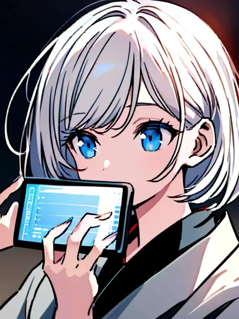 Background of the Stock Investment Chart　Japanese　20th generation　woman　holding a smartphone, beautiful white hair and blue eyes 