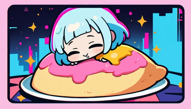 1 female, Light blue hair,　short hair、Happy,cute, animation style, kawaii, clearly, colorful cyberpunk, bubblegum pop, cute、Pink and light blue as main colors、eating omelet rice、Anime Style、