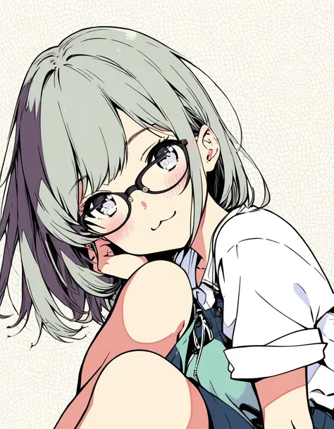 ultra-detailed:1.3, ultra delicate and detailed face:1.3, (absurdres, texture, masterpiece), Autostereogram, pixiv contest winner, by Posuka Demizu, dynamic manga-style illustration of slender girl with glasses is sitting, head tilt, blushing, :3,