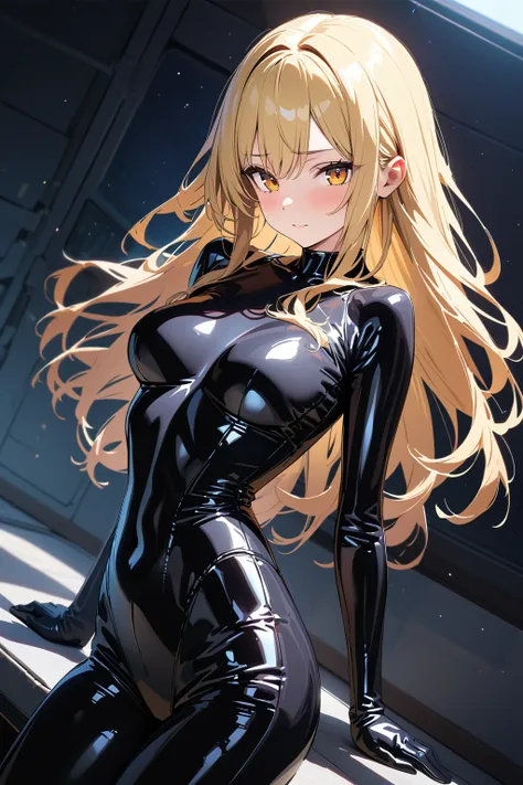 (masterpiece, best quality:1.5), (ultra detailed, high resolution, 8k, beautiful detailed, UHD, best anatomy), 1 cute girl, blonde hair, medium breasts, full bodysuit, latex, shiny clothes, Steamy space