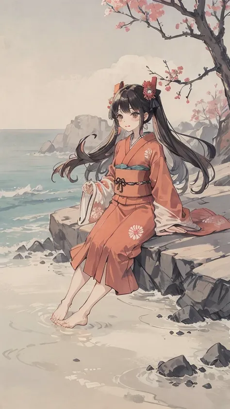 Wearing a red Japanese kimono、Barefoot girl playing in the sea