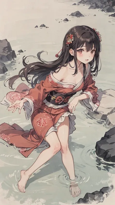 Wearing a red Japanese kimono、Barefoot girl playing in the sea