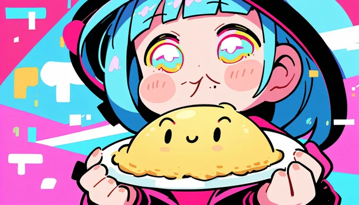 1 female, Light blue hair,　short hair、Happy,cute, animation style, kawaii, clearly, bubblegum pop, cute、Pink and light blue as main colors、eating omelet rice、Anime Style、colorful、Pop、colorful cyberpunk,