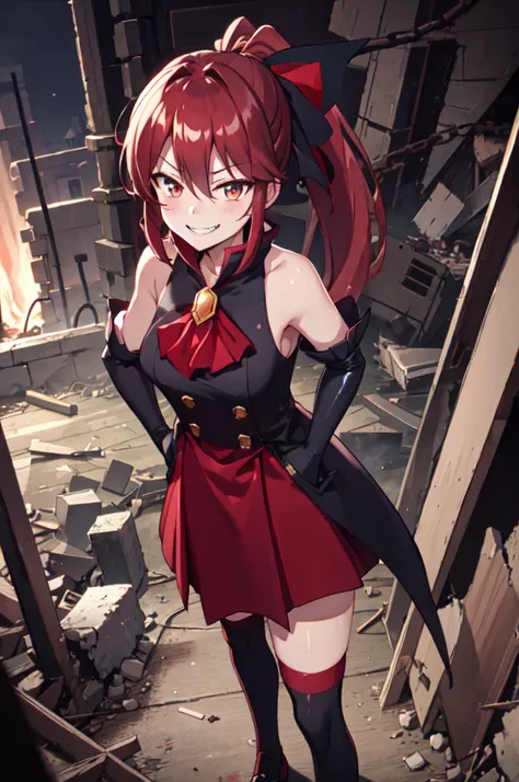 Highest quality, masterpiece, One Girl,Not beautiful, Red Ponytail, Long dress, brooch, Hair Ribbon, - Elbow hand pockets, Black knee socks, Standing on the rubble,Red light street, (Wicked Smile:1.1), ,,Dark shadowed face,Sadistic smile,Malice,Contempt,sm...