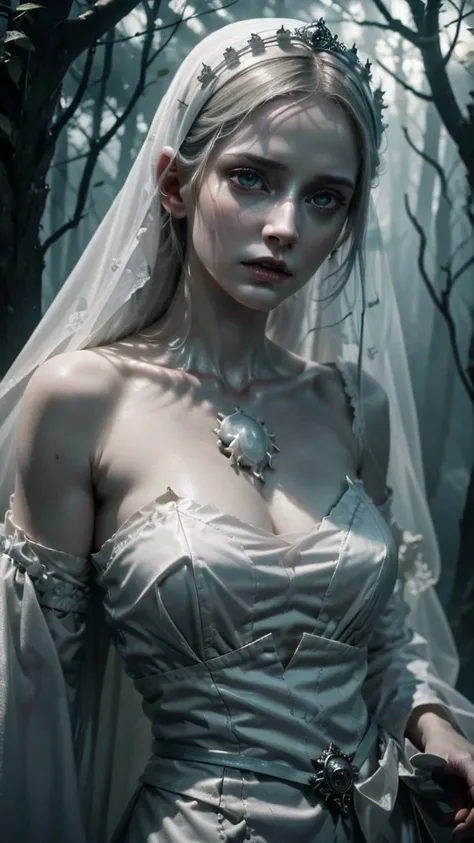 A hyper-realistic, 8k rendering of the scariest white lady ghost ever captured. The ghostly figure has a gaunt, pale face with sunken eyes and sharp fangs, and her long white dress is stained with dark, congealed blood. Her hollow eyes gazing with an unner...