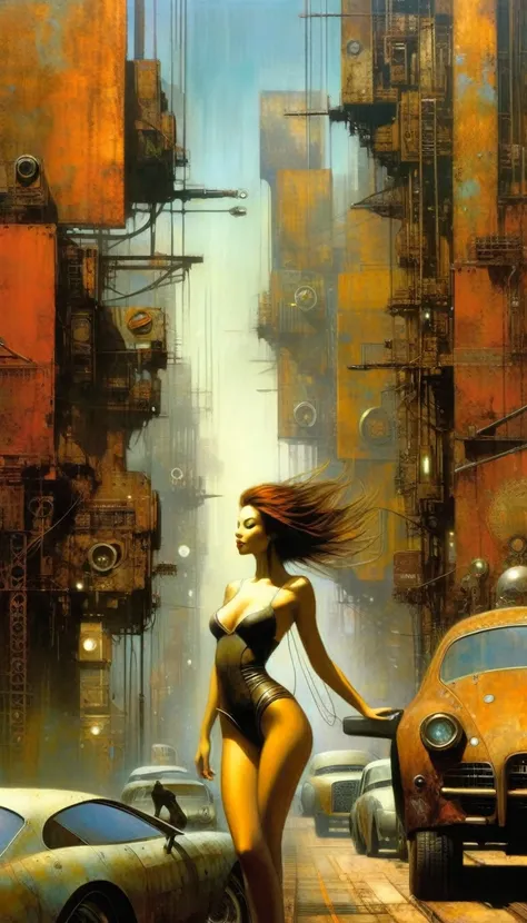 Future sexy girl in a futuristic city.1.5, rusty metal city, lots of details, cars, buildings, billboards (Dave Mckean inspired art, intricate details, oil painting)