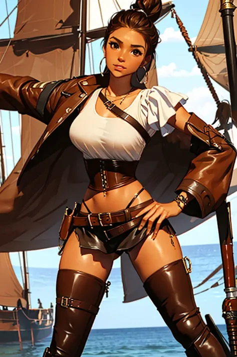 (masterpiece), best quality, expressive eyes, perfect face, (pirate ship background), (standing), (smirk), (closeup view), (1girl, vanessa alessia, dark skin, tanned skin, brown hair, wavy hairstyle, brown eyes, hourglass figure, thin body, skinny body, pe...