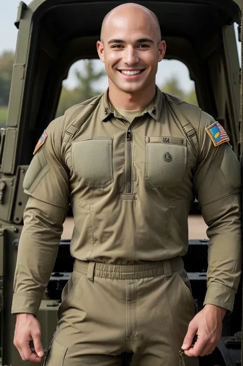 ((8k ((best quality)), ((masterpiece)), (very detailed), real face bald male muscular male full body wear soldier suit  stand by military truck smiling