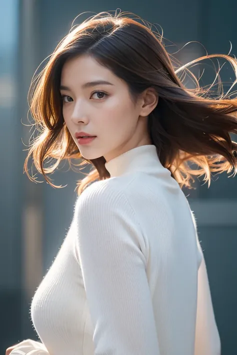 highest quality、4K、Beautiful lady、Perfect Face、Perfect Style、model、perfect body、Sunburn、beautiful lady、mature、long curly layer brown hair、Swept-back hair、full body, sexy 、charming、healthy、
BREAK Futuristic architecture design,smooth white ribbed structure ...