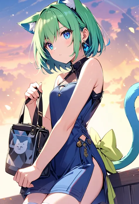 ,One girl,Deltamon_beta, alone, blue eyes, Knee socks, Animal ears, Bare shoulders, Blue Tail, Earrings,Removable sleeves, Green Hair, No sleeve, Cat ear, bag, white Knee socks, Cat&#39;s Tail,pink backpack,Pink school bag, Breaking, teeth, teeth focus, Ca...