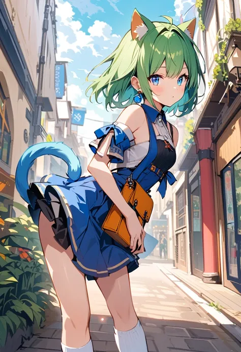 ,one girl,deltamon_beta, alone, blue eyes, knee socks, animal ears, bare shoulders, blue tail, earrings,removable sleeves, green...