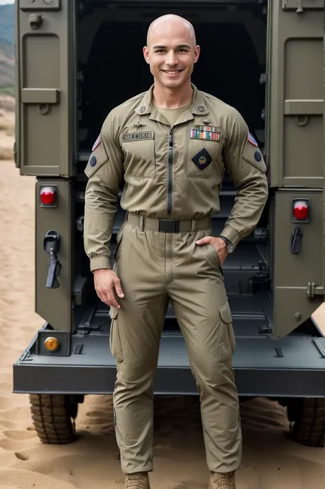 ((8k ((best quality)), ((masterpiece)), (very detailed), real face bald male muscular male full body wear soldiers suit  stand by military truck smiling