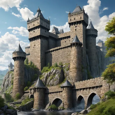 (best quality)), ((masterpiece)), ((realistic,digital art)), (super detailed), gigantic gneiss fortress in a walled city, very important fortifications, (gigantic, very slender towers), (medieval fantasy style), seen from the ground