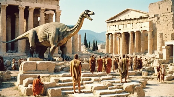 grainy old 35mm vintage, there is a large ancient roman city with dinosaurs and people, Ancient Greece Olympus Zeus-god appearing in god-ray, vast scenery