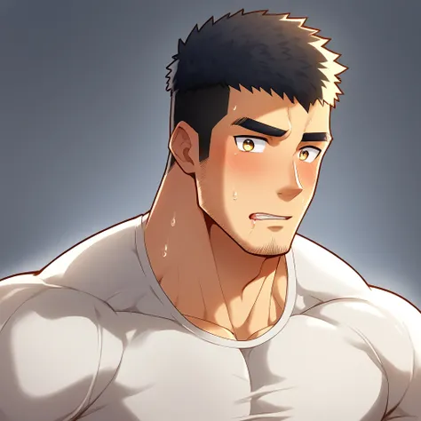 anime characters：Gyee, Muscle Sports Student, 1 muscular tough guy, Manliness, male focus, Light yellow high collar long sleeve tight T-shirt, Very tight, The clothes were soaked with sweat, The pectoral muscles are oversized, Slightly transparent, muscula...