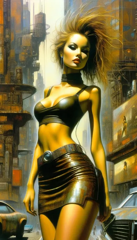 Future sexy girl in a futuristic city.1.5, rusty metal city, lots of details, cars, buildings, billboards, leather miniskirt and very tight tank top, (Dave Mckean inspired art, intricate details, oil painting)
