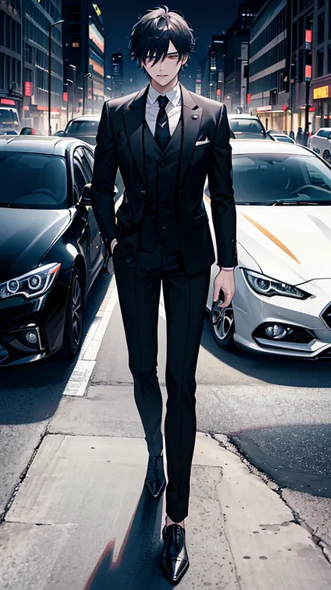 arafed man in a suit leaning on a car in a city, digital art by Yang J, trending on cg society, digital art, black luxurious suit, man in black suit, luxurious suit, neo - noir style, stylish suit, wearing a stylish mens suit, black suit, 3-piece-suit, for...