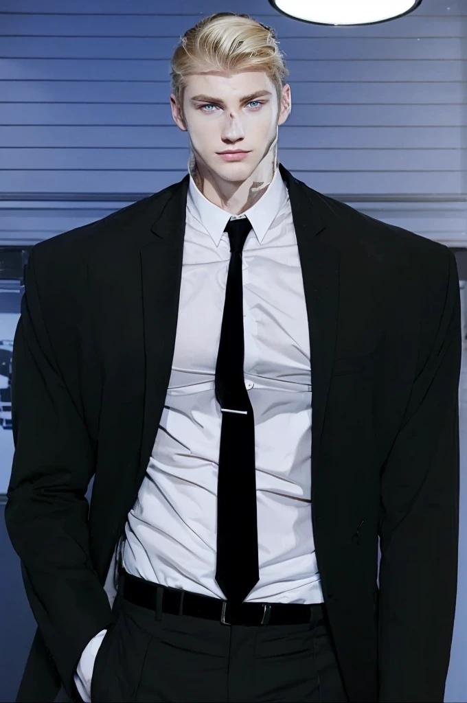 A handsome man , wearing black suit with white shirt and black tie , pale skin , light short blonde hair and light blonde eyebrows , blue eyes