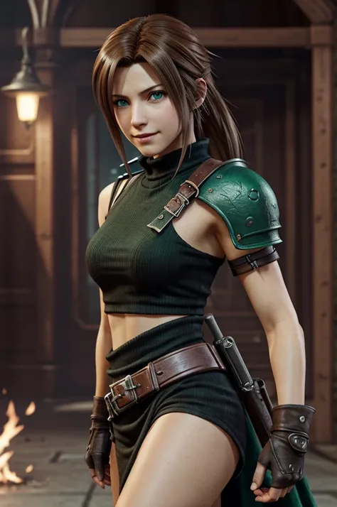 create a new female character from final fantasy 7 remake, Has to have green eyes and shoulder-length brown hair, He is smiling and wears some pink accessories